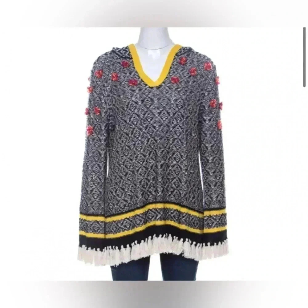 Tory Burch Runway Hooded Sweater XS 100% Linen Fringe Floral Rosette Boho Knit